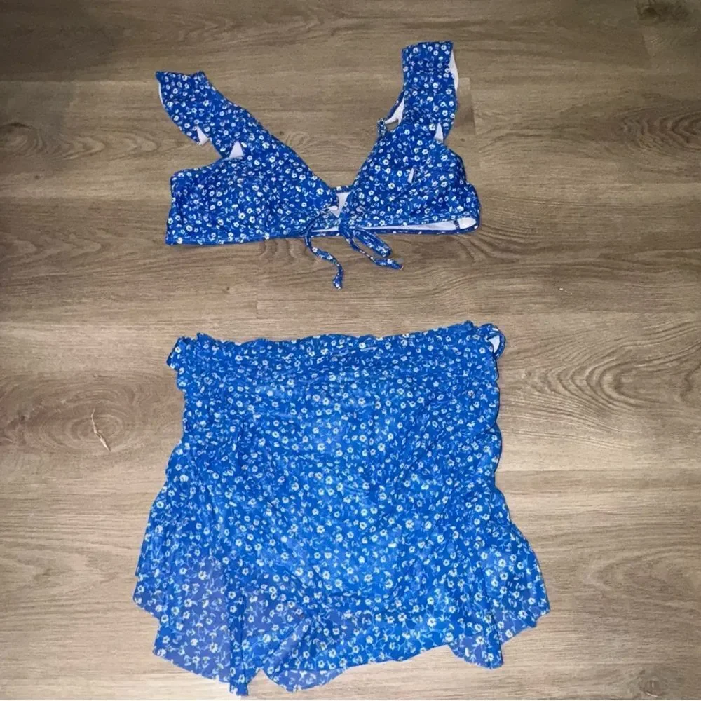 Blue Floral Bikini + Matching Skirt Set